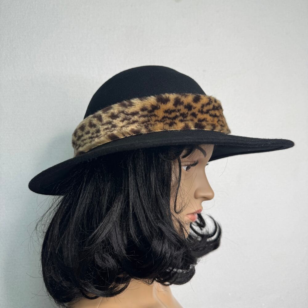 Vintage 1980s Black Wool Felt Wide Brim Hat Leopard Faux Fur Made USA 22” - Picture 7 of 14